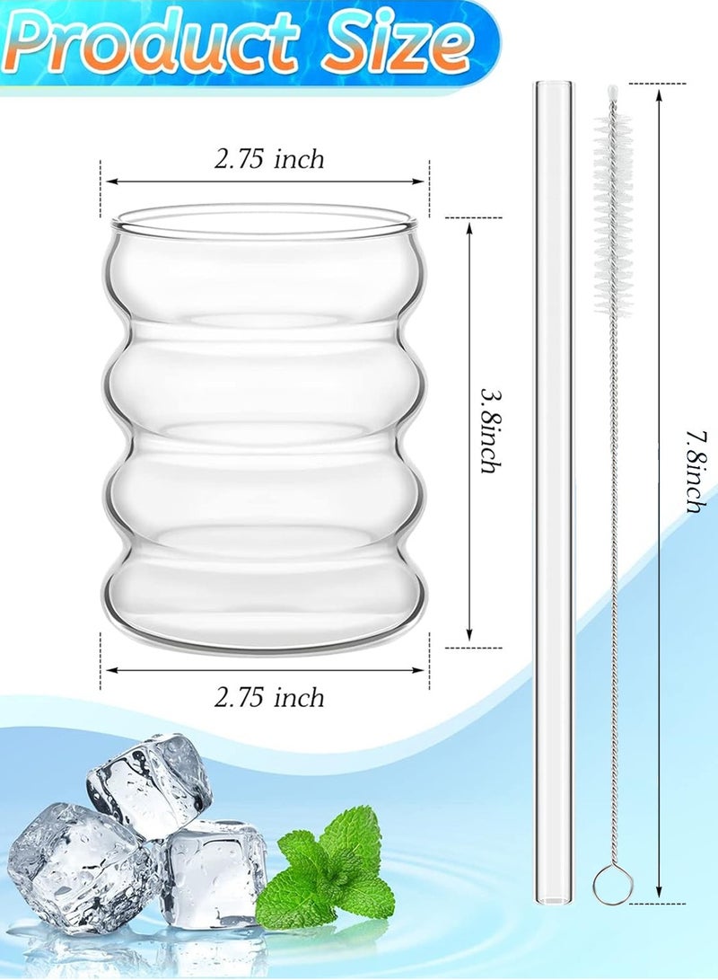 DAMCONME 4 Pcs Drinking Glasses with Glass Straw ,12oz Glassware Set, Creative Glass Cups,  Ribbed Glassware, Aesthetic Cups - Image 2