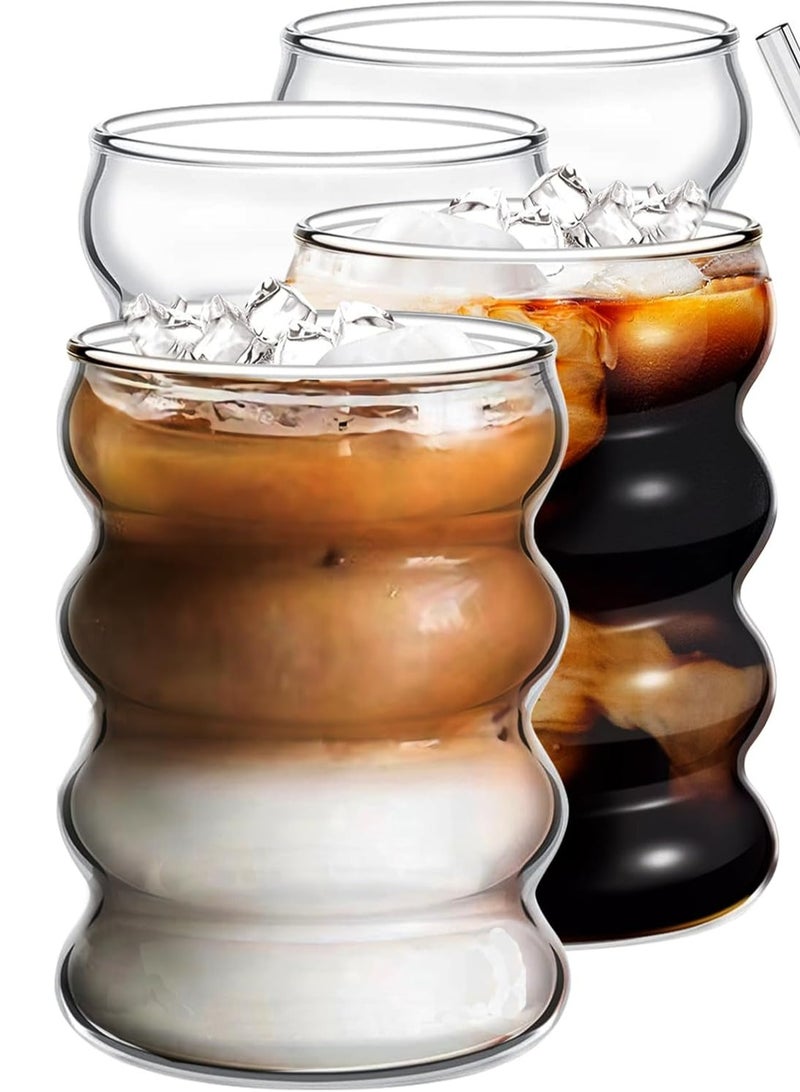 DAMCONME 4 Pcs Drinking Glasses with Glass Straw ,12oz Glassware Set, Creative Glass Cups,  Ribbed Glassware, Aesthetic Cups - Image 1