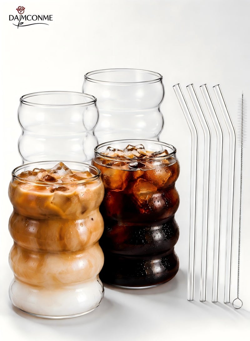 DAMCONME 4 Pcs Drinking Glasses with Glass Straw ,12oz Glassware Set, Creative Glass Cups,  Ribbed Glassware, Aesthetic Cups - Image 1