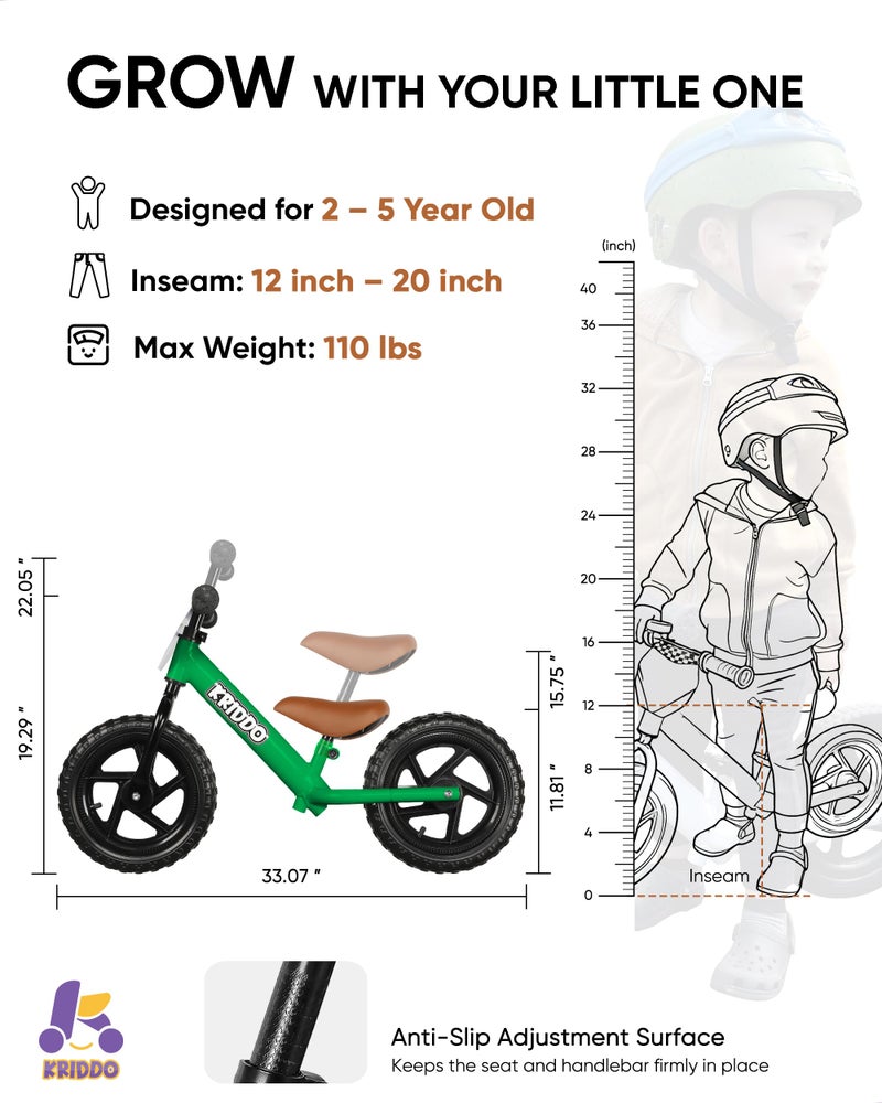 KRIDDO Toddler Balance Bike 2 Year Old, Age 18 Months to 5 Years Old, 12 Inch Push Bicycle with Customize Plate (3 Sets of Stickers Included), Gift Bike for 2-3 Boys Girls, Green - Image 3