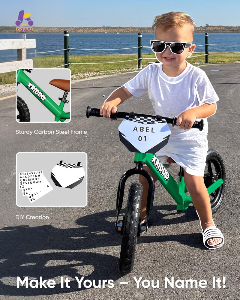 KRIDDO Toddler Balance Bike 2 Year Old, Age 18 Months to 5 Years Old, 12 Inch Push Bicycle with Customize Plate (3 Sets of Stickers Included), Gift Bike for 2-3 Boys Girls, Green - Image 4