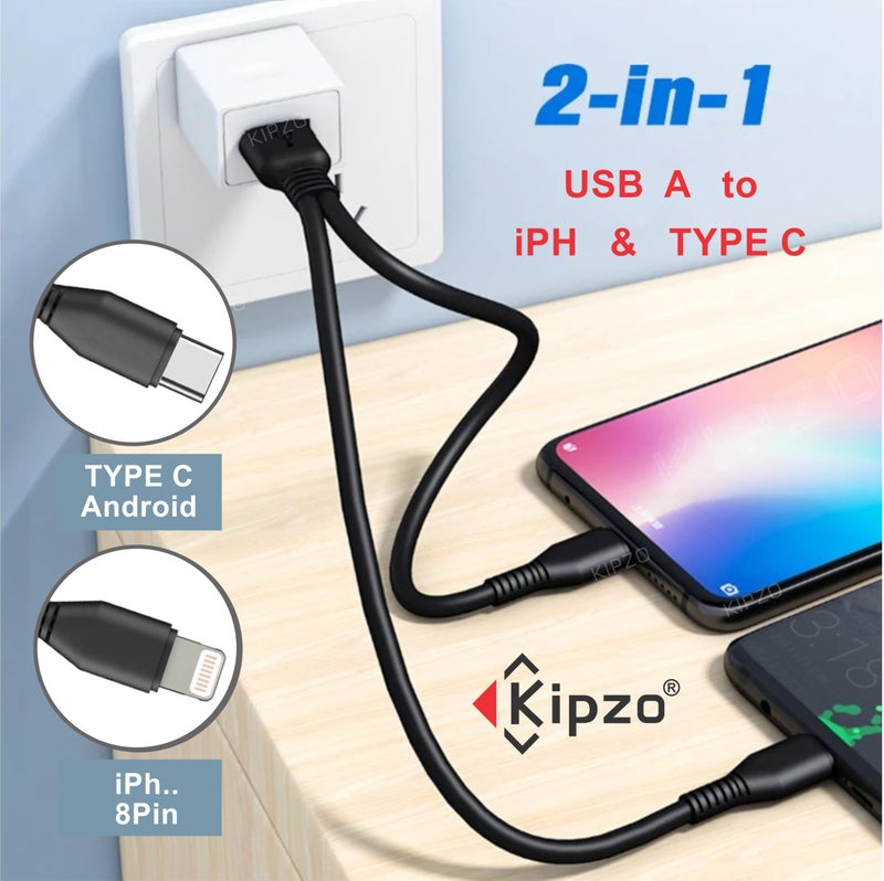 KIPZO® Multi Power Bank 2 in 1 USB ca-ble Splitter Charger Cable for iPH 8pin & Type c Short mini Android Charging Cable one Plus Samsung 11 12 13 14 (Not for Data Transfer) 25 cm Upto 2.1 A max - Image 3