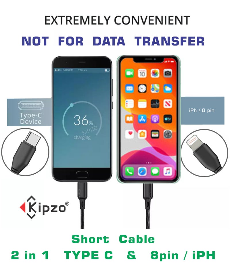 KIPZO® Multi Power Bank 2 in 1 USB ca-ble Splitter Charger Cable for iPH 8pin & Type c Short mini Android Charging Cable one Plus Samsung 11 12 13 14 (Not for Data Transfer) 25 cm Upto 2.1 A max - Image 2