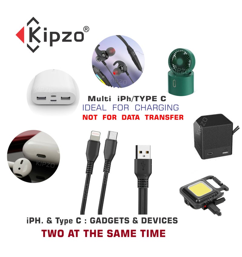 KIPZO® Multi Power Bank 2 in 1 USB ca-ble Splitter Charger Cable for iPH 8pin & Type c Short mini Android Charging Cable one Plus Samsung 11 12 13 14 (Not for Data Transfer) 25 cm Upto 2.1 A max - Image 5
