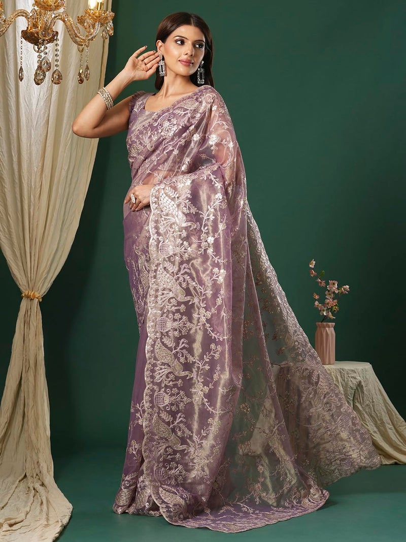 SAREE MALL Women's Mauve Organza Embroidered Saree With Unstitched Blouse (KRIYNS1003_KH) - Image 4