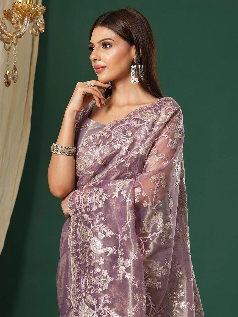 SAREE MALL Women's Mauve Organza Embroidered Saree With Unstitched Blouse (KRIYNS1003_KH) - Image 5