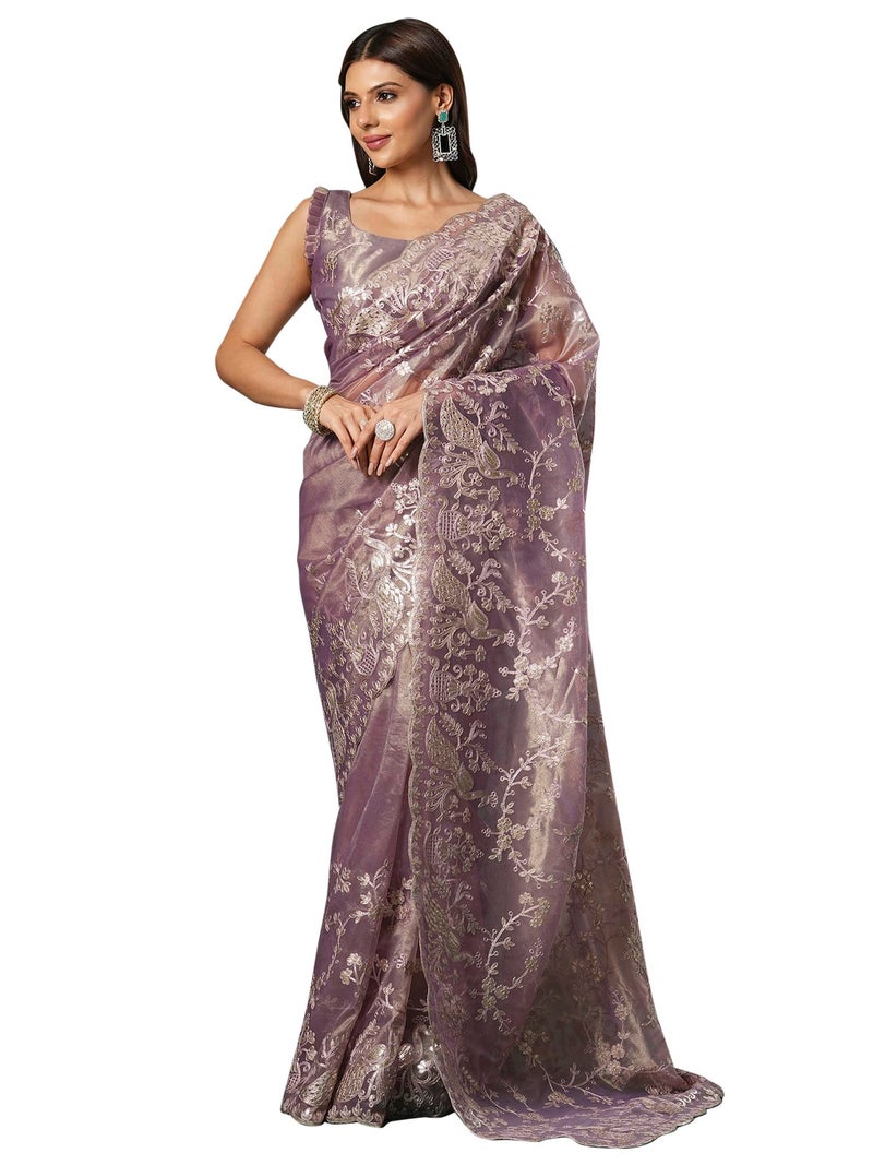 SAREE MALL Women's Mauve Organza Embroidered Saree With Unstitched Blouse (KRIYNS1003_KH) - Image 1