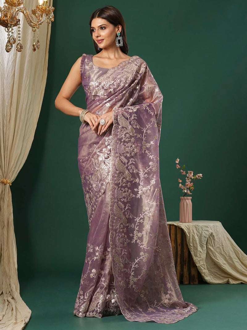 SAREE MALL Women's Mauve Organza Embroidered Saree With Unstitched Blouse (KRIYNS1003_KH) - Image 3