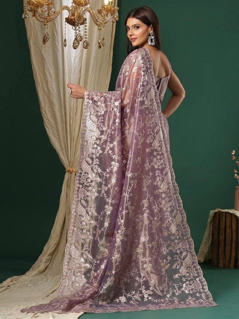 SAREE MALL Women's Mauve Organza Embroidered Saree With Unstitched Blouse (KRIYNS1003_KH) - Image 2