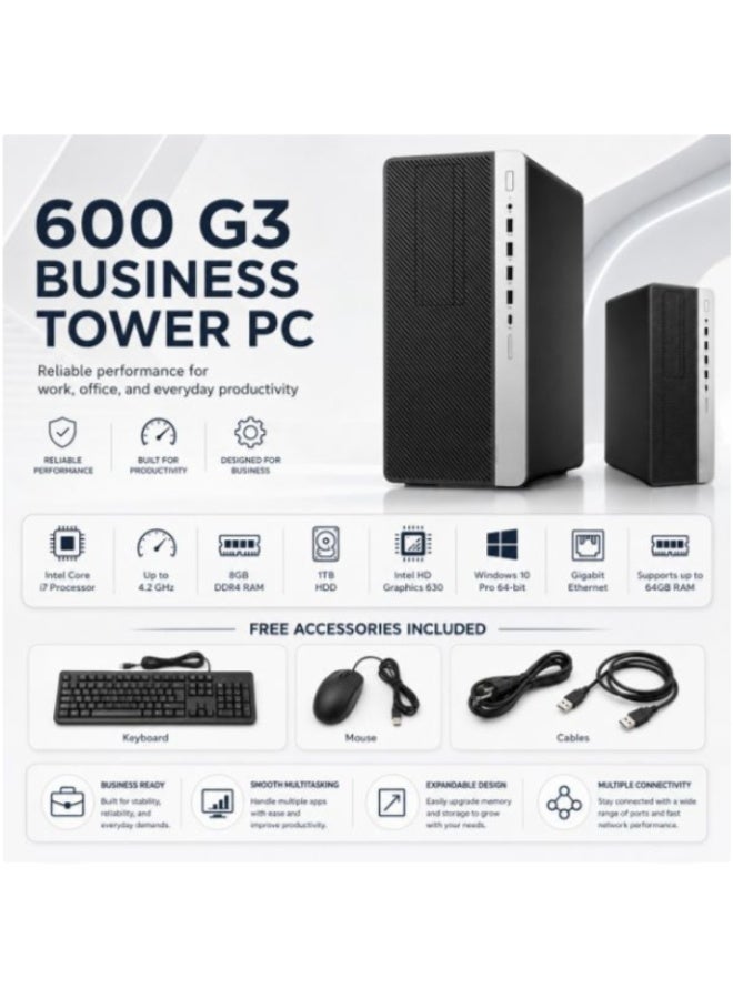 كمبيوتر مكتبي Tower للأعمال بمعالج Intel Core i5-7500 رباعي النواة، ذاكرة DDR4 سعة 8 جيجابايت، قرص HDD سعة 1 تيرابايت، رسومات Intel HD 630، محرك DVD، نظام DOS - Image 1