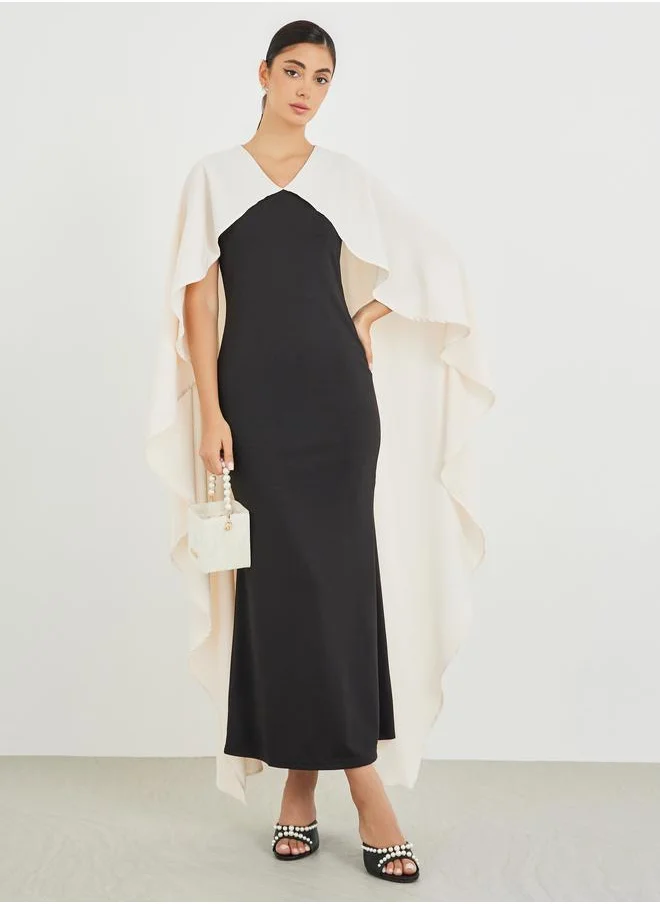 Styli Styli Color Block Ruffled Cape Sleeve Maxi Dress