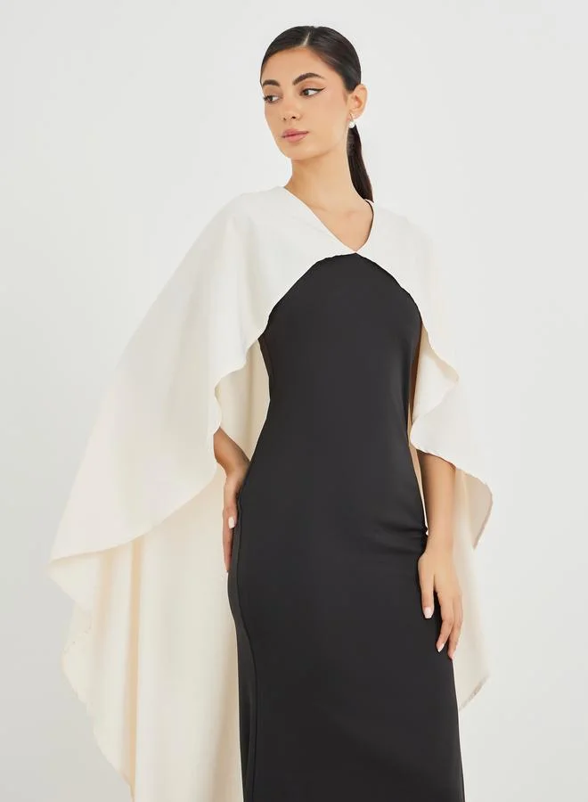 Styli Styli Color Block Ruffled Cape Sleeve Maxi Dress