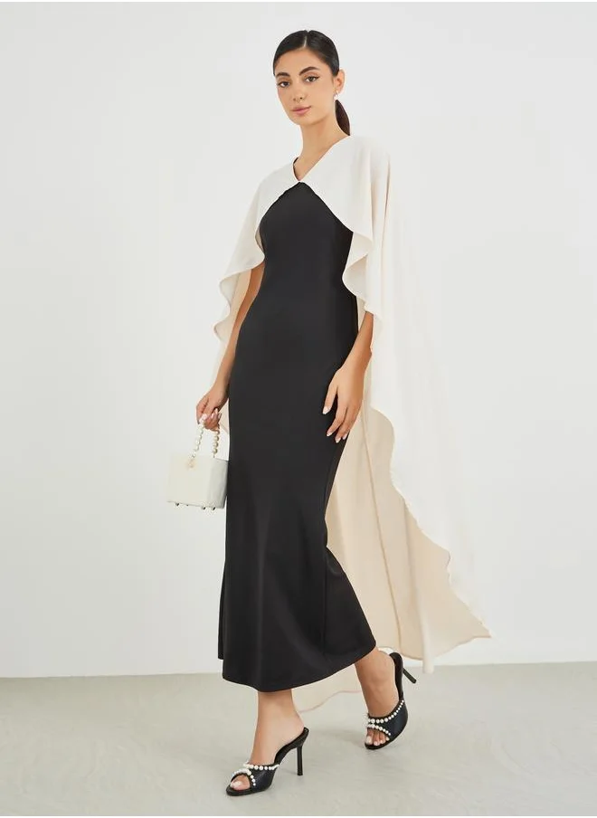 Styli Styli Color Block Ruffled Cape Sleeve Maxi Dress