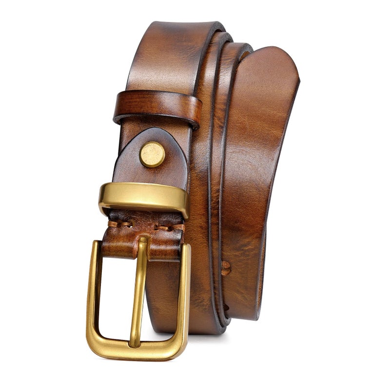 JASGOOD Women Belt Genuine leather Belt with Gold Buckle,Ladies Full Grain Leather Belt for Jeans Pants,Brown - Image 1