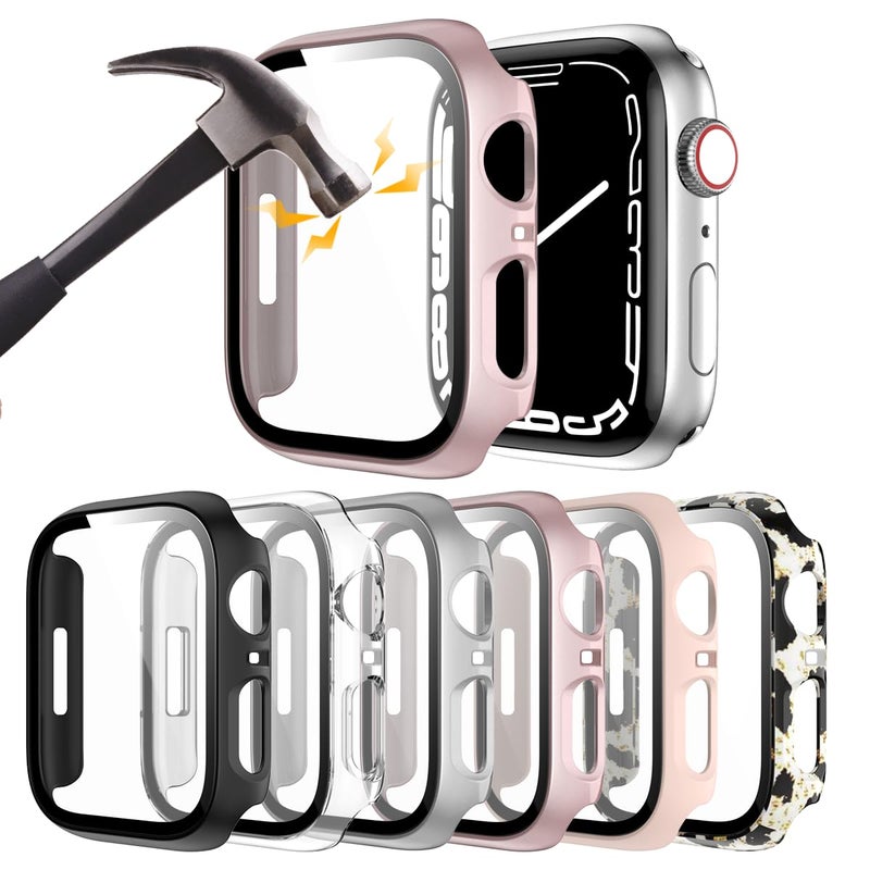 Rontion 6 Pack Hard PC Case Compatible with Apple Watch Series 9 8 7 41mm with Tempered Glass Screen Protector, Ultra-Thin Scratch Resistant Full Protective Bumper Cover for iWatch 41mm Accessories - Image 1