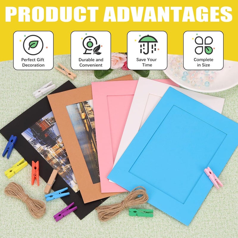 Mardatt 40 Set 7" Paper Picture Frames, Includes Colorful Cardboard Picture Frames Cardboard Photo Frames with Wooden Clips, Strings for Home Decor - Image 4