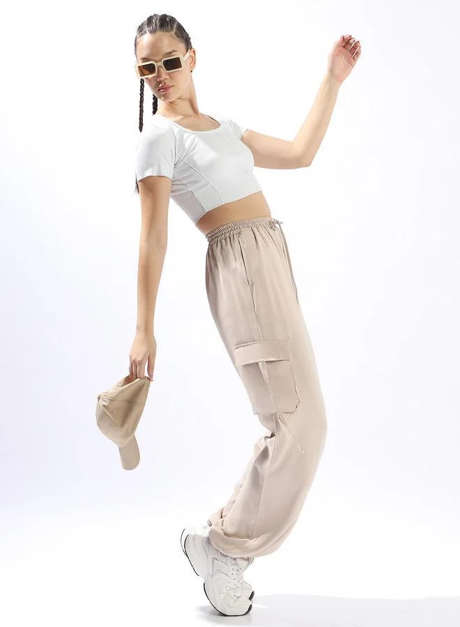 هوبرهولمي بنطلون نسائي واسع الساق بلون بيج فاتح من البوليستر بنمط سادة بطول كامل