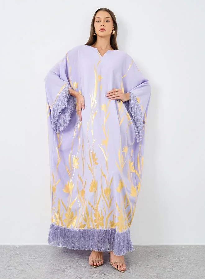 ستايلي Styli Foil Print Kaftan with Tassel Trim