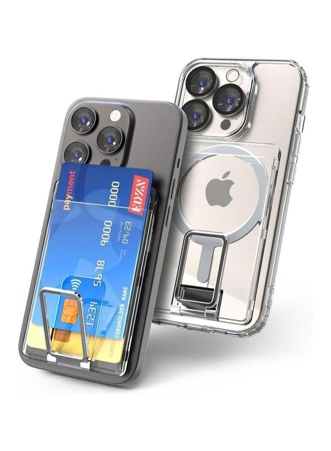Magnetic Card Slot Holder Wallet bendable Kickstand Clear Hard 2 slot case Compatible with iPhone 16, 15, 14, 13, 12, Pro Max Mag-safe Case  - Image 1