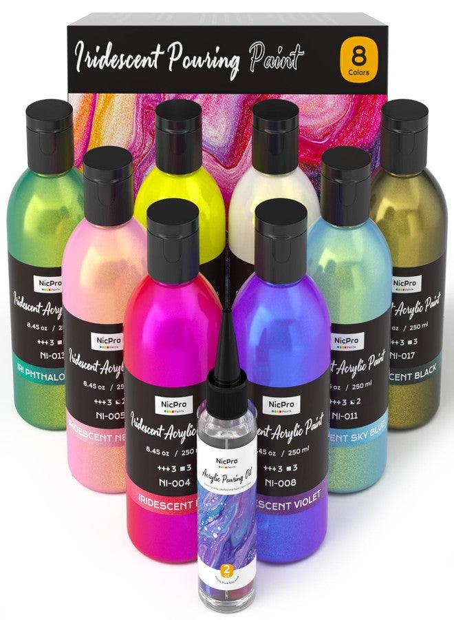 Nicpro 8 Colors Iridescent Metallic Acrylic Pour Paint Supplies Kit, 8.45oz Large Ready to Pour Premixed High Flow Pouring Paint Set with Silicone Pouring Oil, Gloves, Instructions for Beginner DIY - Image 1
