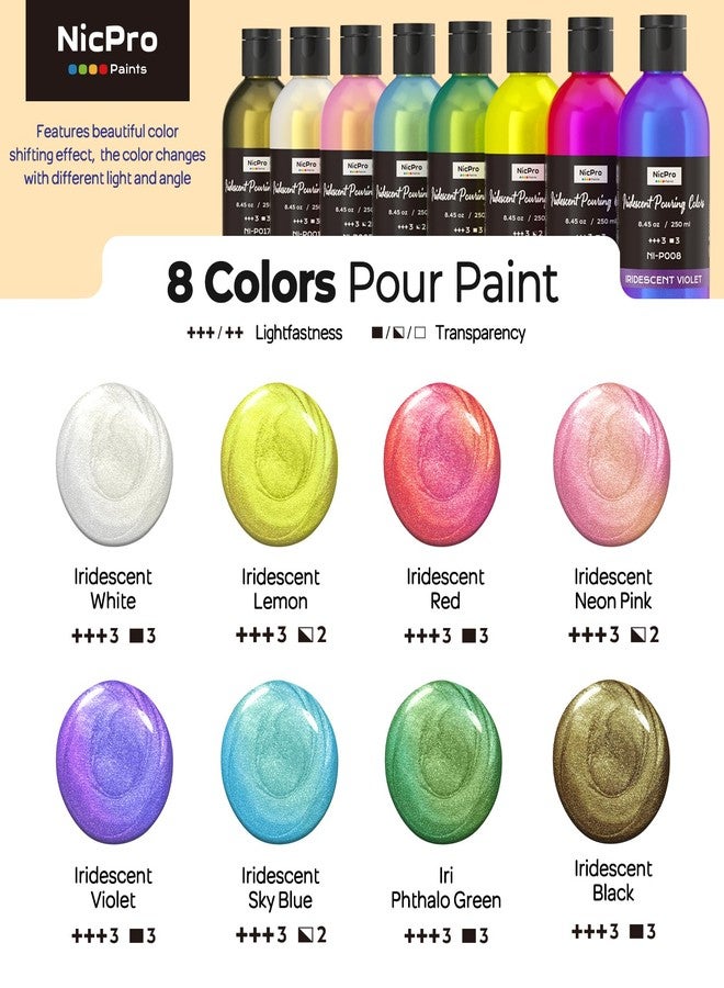 Nicpro 8 Colors Iridescent Metallic Acrylic Pour Paint Supplies Kit, 8.45oz Large Ready to Pour Premixed High Flow Pouring Paint Set with Silicone Pouring Oil, Gloves, Instructions for Beginner DIY - Image 2
