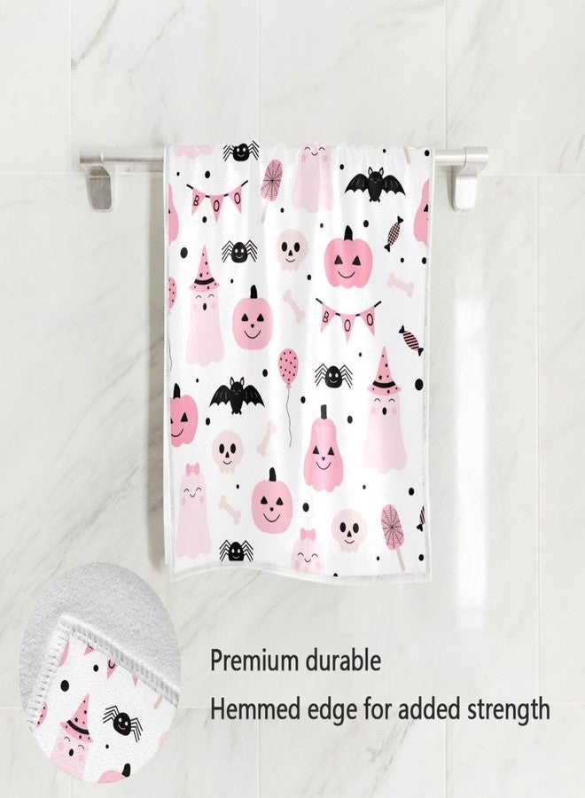 Pfrewn Cute Pink Halloween Hand Bath Towels Soft Absorbent Cute Pink Ghosts Pumpkin Bathroom Guest Towel Hanging Kitchen Dish Towel for Fall Autumn Decor 16x30 in - Image 2