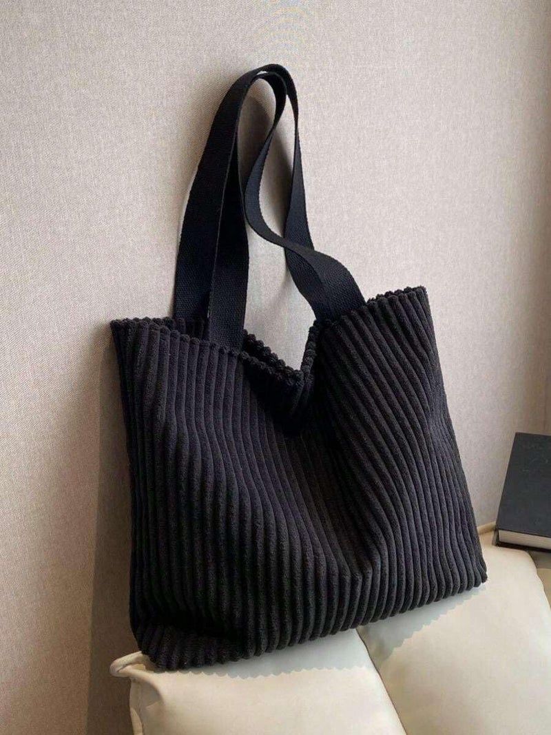 Kawn® Korean Tote Bag Aesthetic Corduroy Canvas Handbag for Women Zipper Casual Large Capacity Shoulder Bag with Pockets Versatile Everyday use for College Work Beach Travel & Shopping (Black) - Image 3