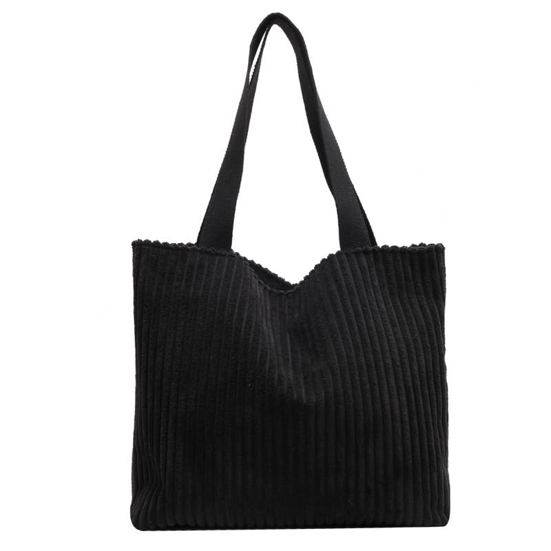 Kawn® Korean Tote Bag Aesthetic Corduroy Canvas Handbag for Women Zipper Casual Large Capacity Shoulder Bag with Pockets Versatile Everyday use for College Work Beach Travel & Shopping (Black) - Image 1