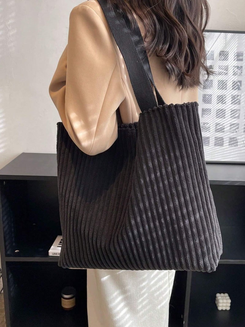 Kawn® Korean Tote Bag Aesthetic Corduroy Canvas Handbag for Women Zipper Casual Large Capacity Shoulder Bag with Pockets Versatile Everyday use for College Work Beach Travel & Shopping (Black) - Image 2