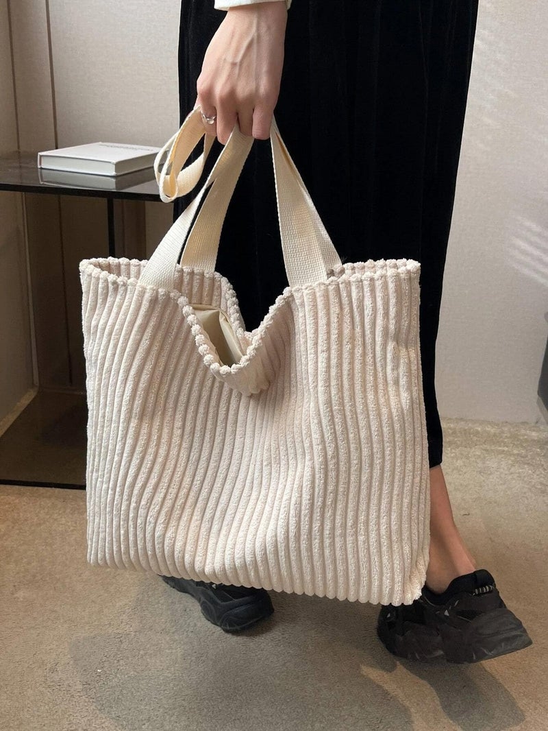 Kawn® Korean Tote Bag Aesthetic Corduroy Canvas Handbag for Women Zipper Casual Large Capacity Shoulder Bag with Pockets Versatile Everyday use for College Work Beach Travel & Shopping (Black) - Image 5