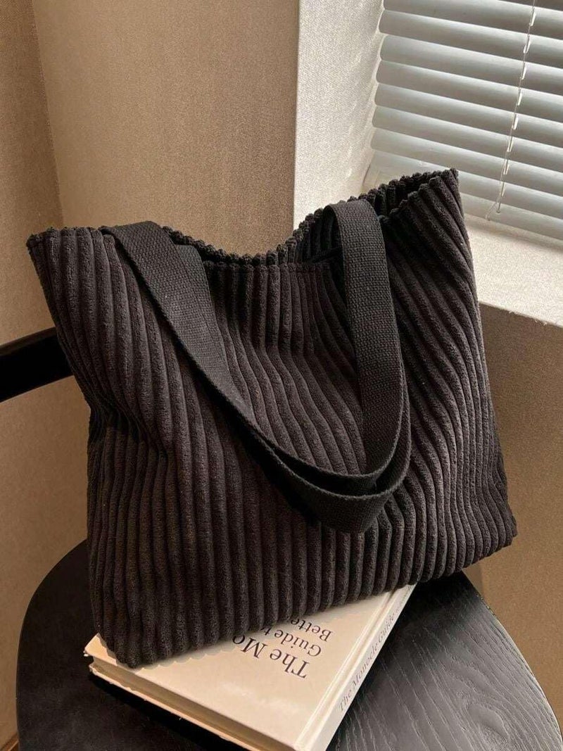 Kawn® Korean Tote Bag Aesthetic Corduroy Canvas Handbag for Women Zipper Casual Large Capacity Shoulder Bag with Pockets Versatile Everyday use for College Work Beach Travel & Shopping (Black) - Image 4
