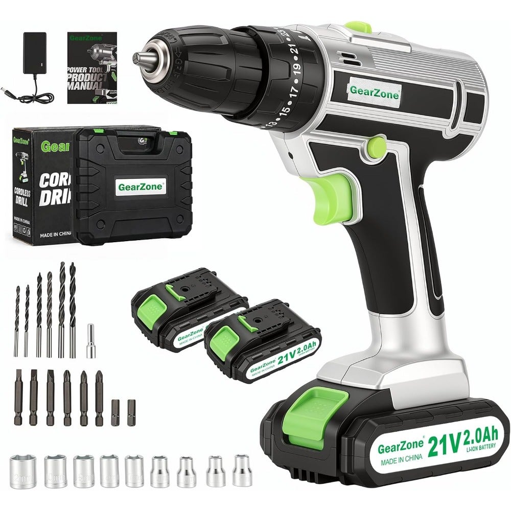 GearZone Power 21V Cordless Drill Driver for Wood Metal Drilling Screwdriving, Keyless Chuck, LED Light, 2 Batteries, Black