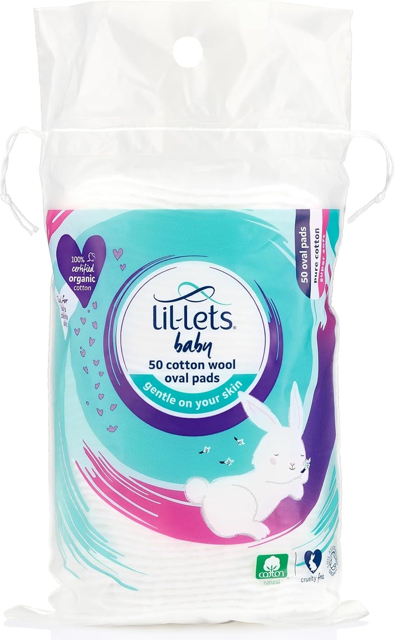 Lil-Lets Baby Cotton Wool Oval Pads - 50 Count, Certified Organic 100% Pure Cotton, Soft and Absorbent for Newborns - Image 1