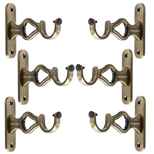 Penora Decorative Curtain Rod Holder Brackets Parda Holders with Support 1 Inch Rod Pocket Finials Door and Window Fittings for Home Decor Brass Antique (Pack of 6) - Image 1
