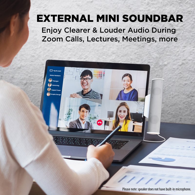 GoGroove مكبرات صوت GOgroove SonaVERSE USB لجهاز الكمبيوتر المحمول - شريط صوتي صغير يعمل بالطاقة من USB مع تصميم مكبر صوت خارجي محمول قابل للتثبيت على الشاشة، كابل واحد لإدخال الصوت الرقمي والطاقة (أبيض) - Image 3