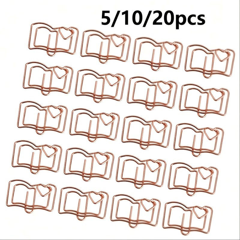 20pcs Rose Golden Book Shaped Paper Clips Cute Metal Bookmarks Office Supplies - Image 1