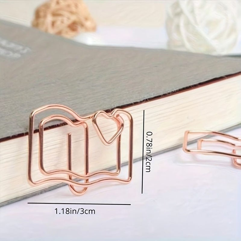 20pcs Rose Golden Book Shaped Paper Clips Cute Metal Bookmarks Office Supplies - Image 3