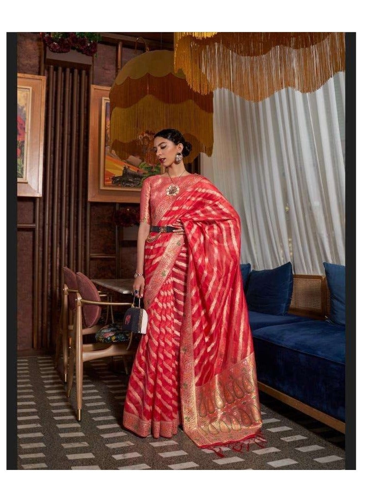 Grab Mantra Red Organza Silk Saree With Gold Stripes Weaving Design Having Border And Pallu Plus Unstitched Blouse  - Image 2