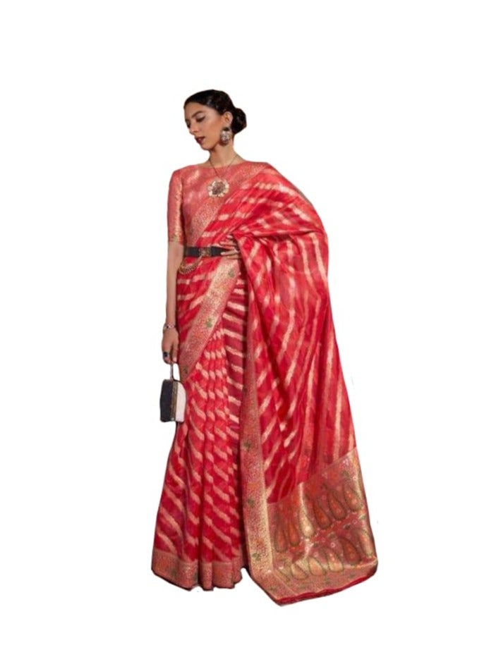 Grab Mantra Red Organza Silk Saree With Gold Stripes Weaving Design Having Border And Pallu Plus Unstitched Blouse  - Image 1