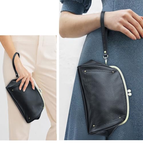 Contacts Kiss Lock Clutch Bag for Women Leather Evening Bag Large Clutch Purse Vintage Wristlet Handbag Phone Organizer (Black) - Image 2