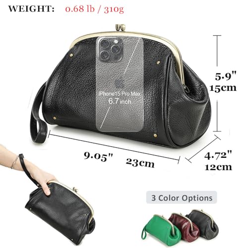 Contacts Kiss Lock Clutch Bag for Women Leather Evening Bag Large Clutch Purse Vintage Wristlet Handbag Phone Organizer (Black) - Image 3