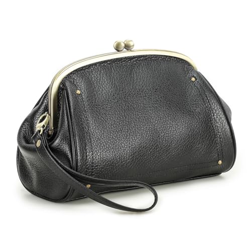 Contacts Kiss Lock Clutch Bag for Women Leather Evening Bag Large Clutch Purse Vintage Wristlet Handbag Phone Organizer (Black) - Image 1