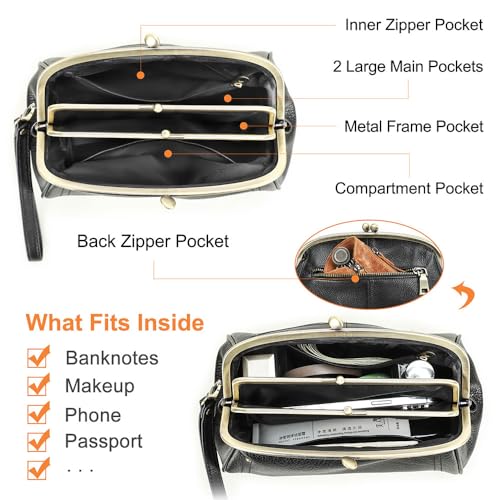 Contacts Kiss Lock Clutch Bag for Women Leather Evening Bag Large Clutch Purse Vintage Wristlet Handbag Phone Organizer (Black) - Image 4