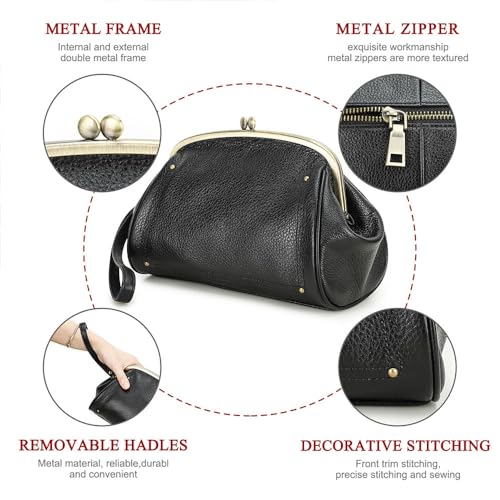 Contacts Kiss Lock Clutch Bag for Women Leather Evening Bag Large Clutch Purse Vintage Wristlet Handbag Phone Organizer (Black) - Image 5