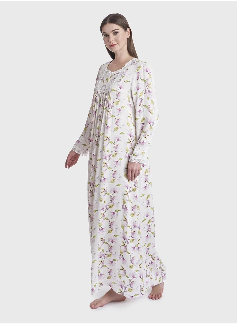 كشخة Flower Print Viscose Long Nightwear Dress