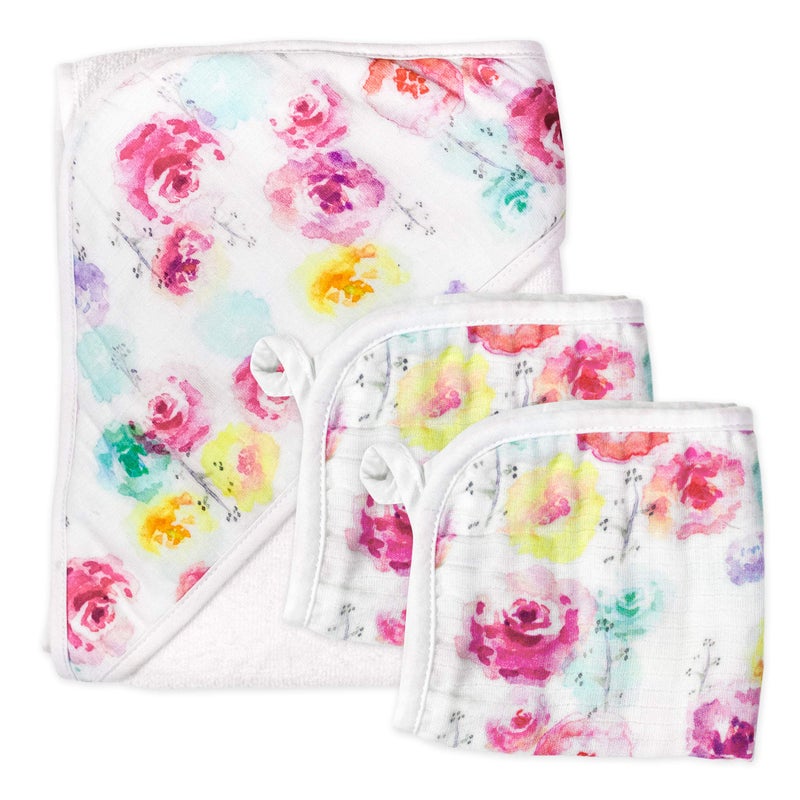 HonestBaby 3-Piece Organic Cotton Hooded Towel & Washcloth Set, Rose Blossom, One Size - Image 1