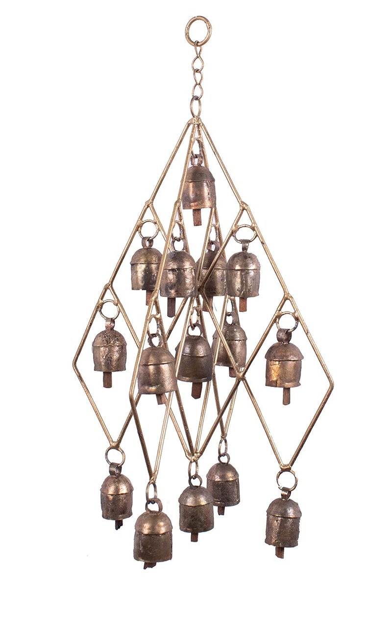 Ethnics of Kutch Ethnics of Kutch Hand Made Metal Bells Wrought Iron CopperZinc Coated Home Dcor Chimes Cow Bell Pyramid Bell 15 Bells 40 cms Length Colour Copper BEL0054 - Image 1