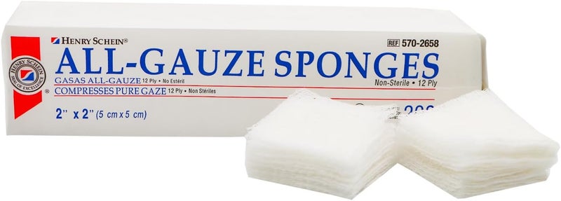 Henry Schein 100 Cotton Woven AllGauze Sponge 2x2 12 Ply NonSterile Square for Wound Dressing Gauze SpongePads for Wound Care  Home First Aid Kits 200  Pack - Image 1