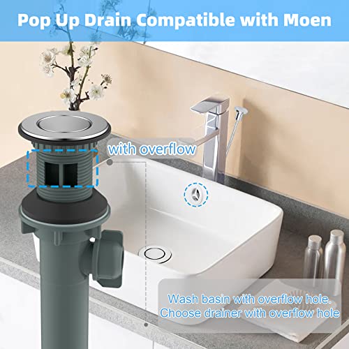 Hibbent Bathroom Sink Drain with Overflow, 2 Pack Push and Seal Pop Up Drain Stopper with Lift Rod for Bathroom Lavatory Vanity Vessel, Compatible with Moen, American Standard, Universal Hole, Chrome - Image 2