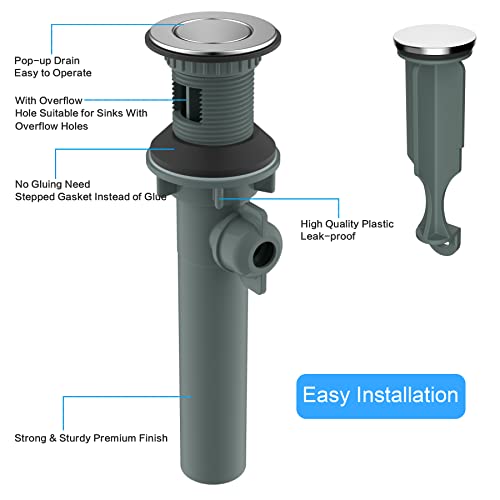 Hibbent Bathroom Sink Drain with Overflow, 2 Pack Push and Seal Pop Up Drain Stopper with Lift Rod for Bathroom Lavatory Vanity Vessel, Compatible with Moen, American Standard, Universal Hole, Chrome - Image 4